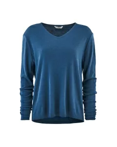Løstsittende genser i ull med silke, V–hals - Dongeriblå