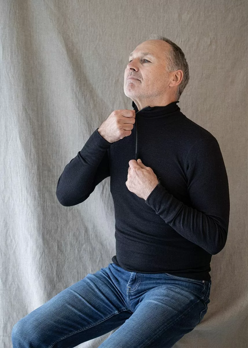 Høyhalset genser med glidelås i ull med silke, unisex