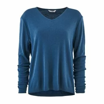 Løstsittende genser i ull med silke, V–hals - Dongeriblå